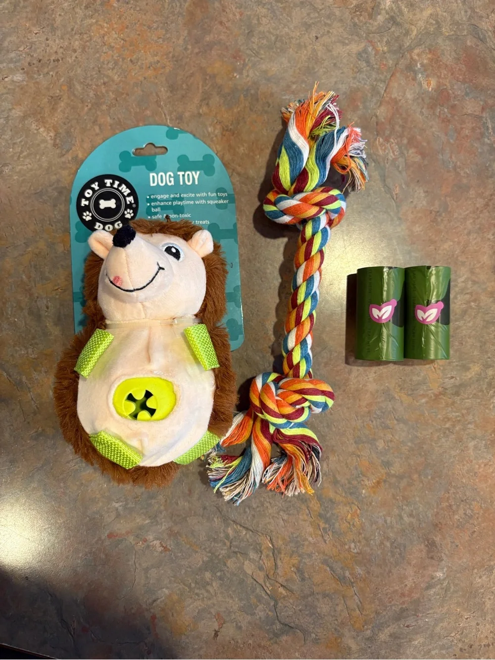 ALL NEW Toy Time Plush Hedgehog Dog Toy, Multicolor Rope and Waste Bag Rolls
